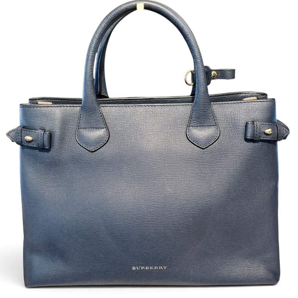 Burberry Navy Blue Leather Medium Banner Tote with House Check - w/ COA